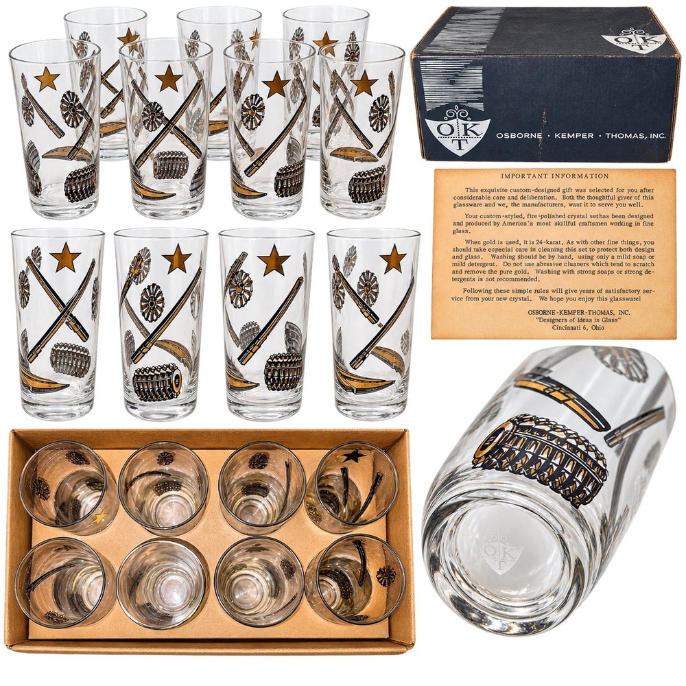 Osborne Kemper Thomas Vintage Gold Star Glasses Set of 8 Barware With Box